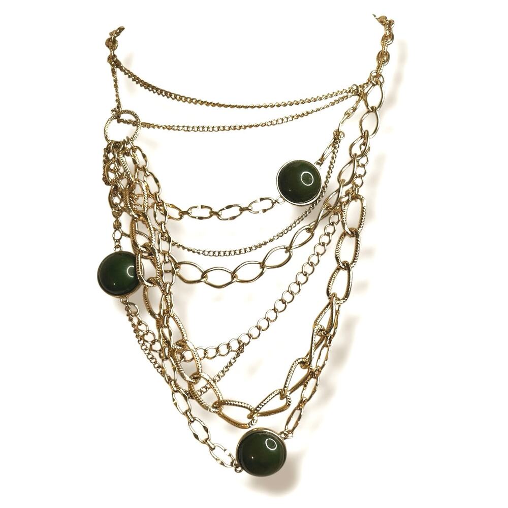 Drape Bib Necklace Gold Tone Chains Accented with Green Cabochons
